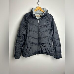 VTG Y2K Nike Puffer Duck Down Jacket Size XL Center Whoosh Black Womens Comfy